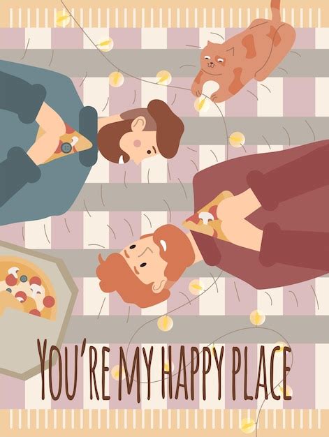 Casal gay lgbt em casa aconchegante come pizza na manta gato e luzes ilustração romântica