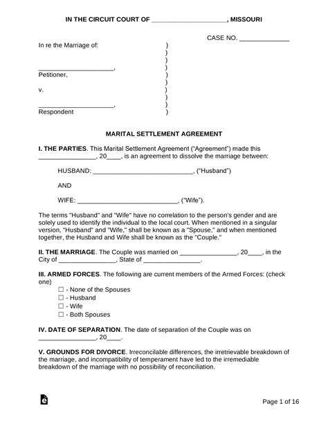 Free Missouri Marital Settlement Divorce Agreement Pdf Word Eforms