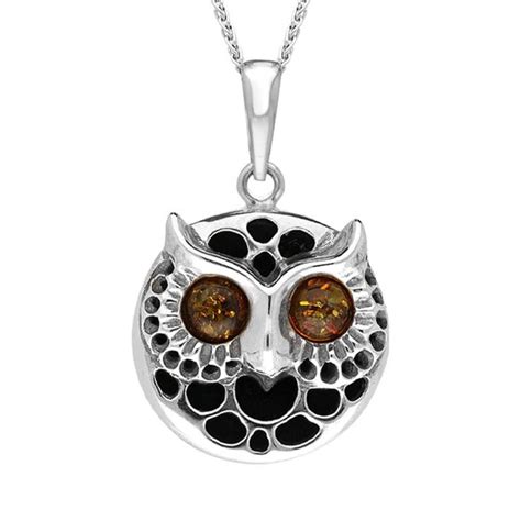 An Owl Pendant With Two Brown Eyes On A White Background And Black