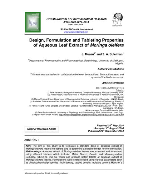 (PDF) Design, Formulation and Tableting Properties of Aqueous Leaf ...