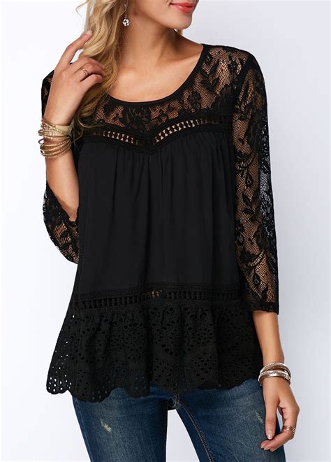 Round Neck Curved Hem Lace Panel Blouse Ladies Blouse Designs Black