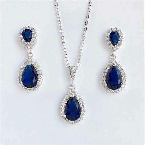 Parure Bijoux Mariage Cristal Bleu Pendentif Ovale