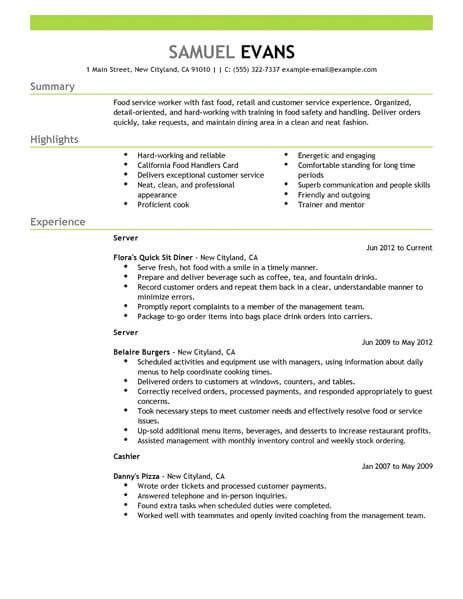 Professional Fast Food Server Resume Examples