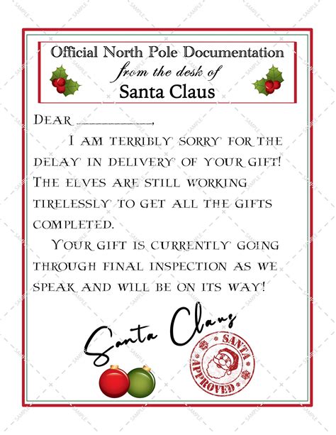 Delayed Christmas Gift Letter From Santa Notification Of Late Present