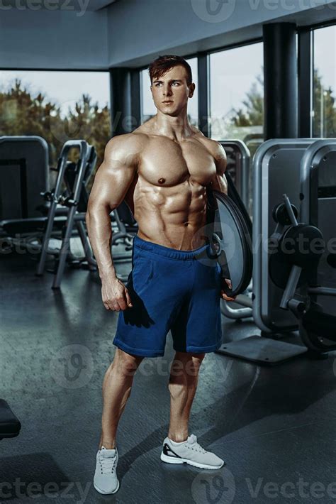 Sexy Muscular Man Posing In Gym Shaped Abdominal Strong Male Naked