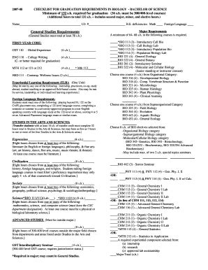 Fillable Online Elon CHECKLIST FOR GRADUATION REQUIREMENTS IN BIOLOGY