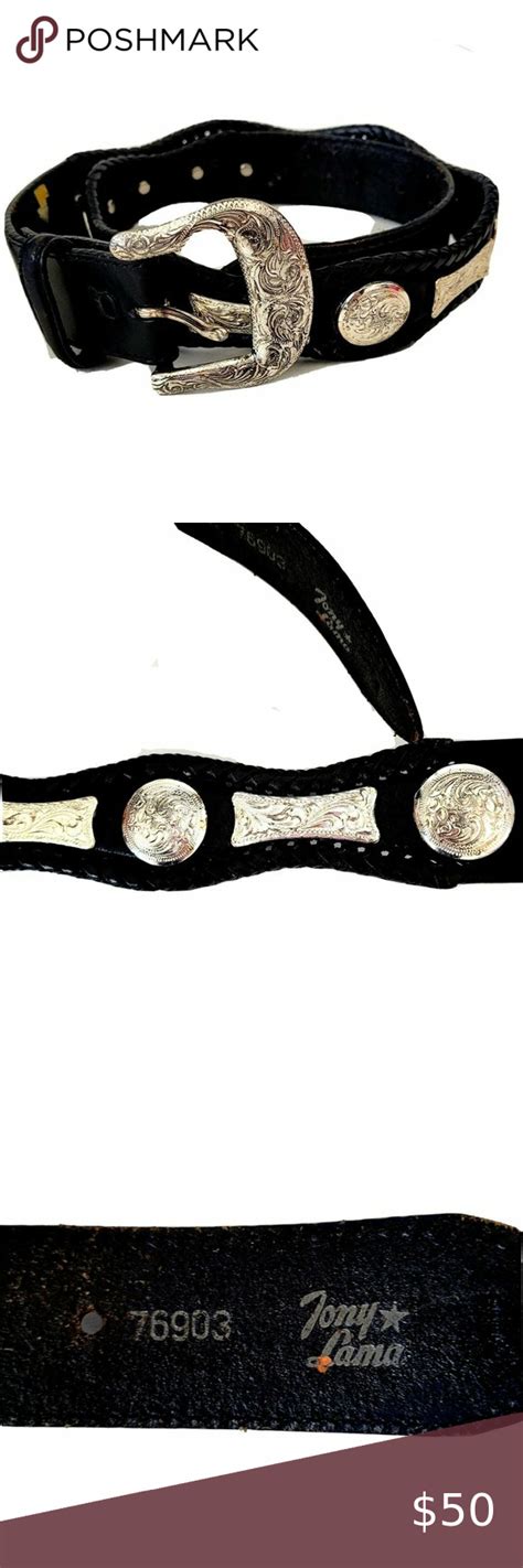 Tony Lama Western Black Leather Silver Embellished Mens Belt 32