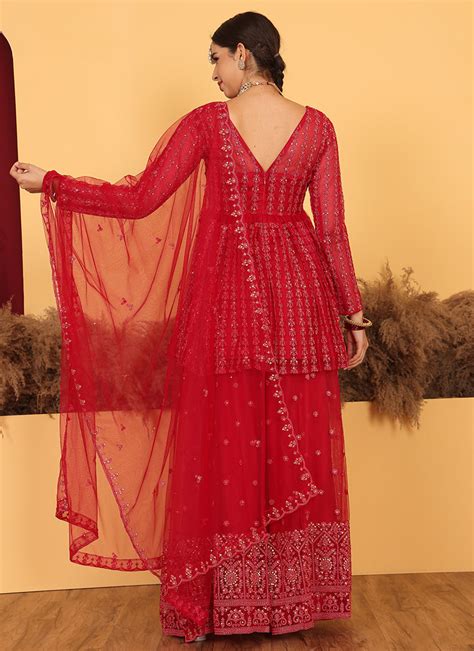 Shop Red Net Embroidered Palazzo Suit Wedding Wear Online At Best Price