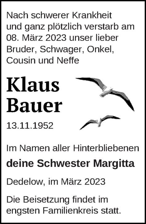 Traueranzeigen Von Klaus Bauer Trauer Nordkurier