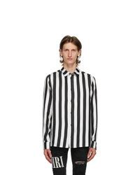 Black And White Vertical Striped Silk Long Sleeve Shirt Outfits For Men