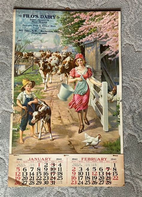 1941 Calendar Filos Dairyvintage Advertising Calendartear Sheet