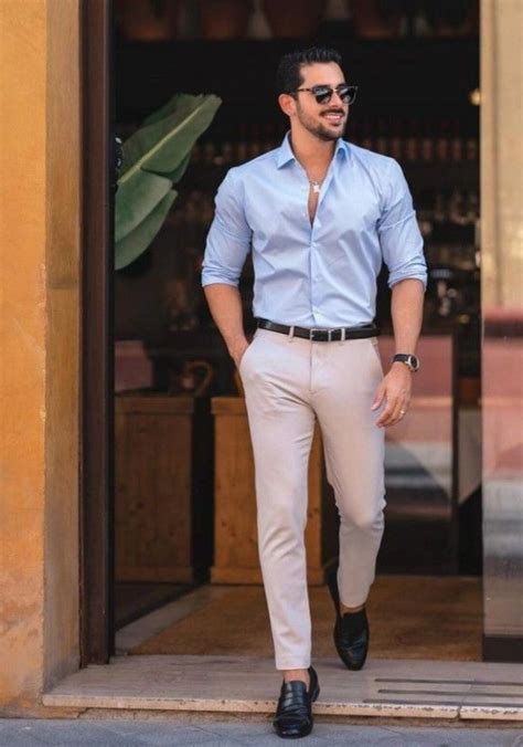 Men Dress Casual Pant Shirt Sky Blue Shirt Beige Pant Slim Fit