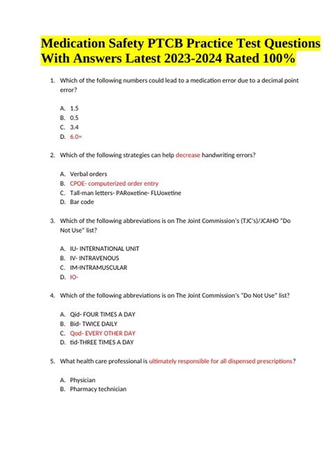 Medication Safety PTCB Practice Test Questions With Answers Latest