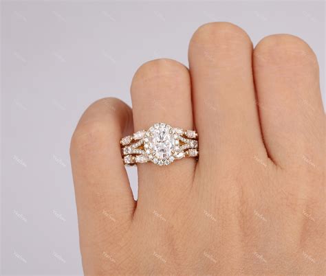 Vintage Pcs Moissanite Bridal Set Gold Enhancer Ring Halo Oval Cut