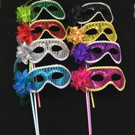 Venetian Masquerade Party Mask On Stick Luxury Sequined Coated Flower