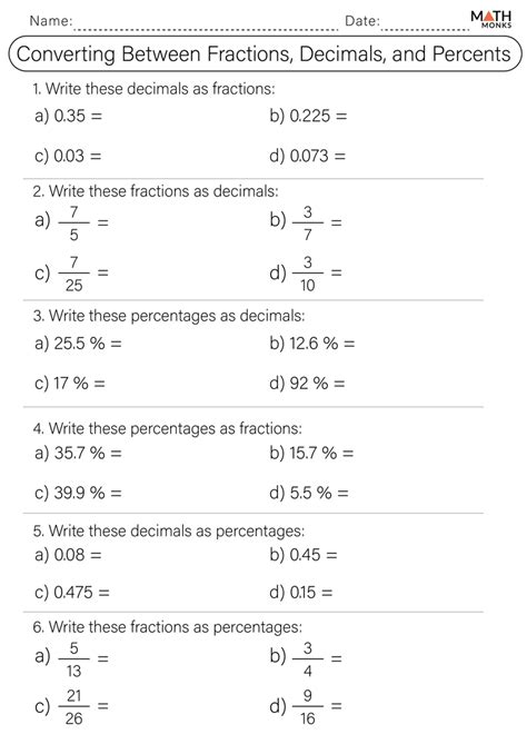 Percents Decimals And Fractions Worksheets