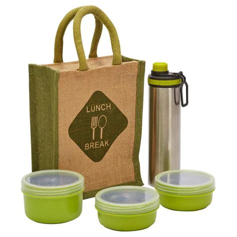 Amson Ecosteel Deluxe Green Plastic Lunch Box And Bottle With Bag Set