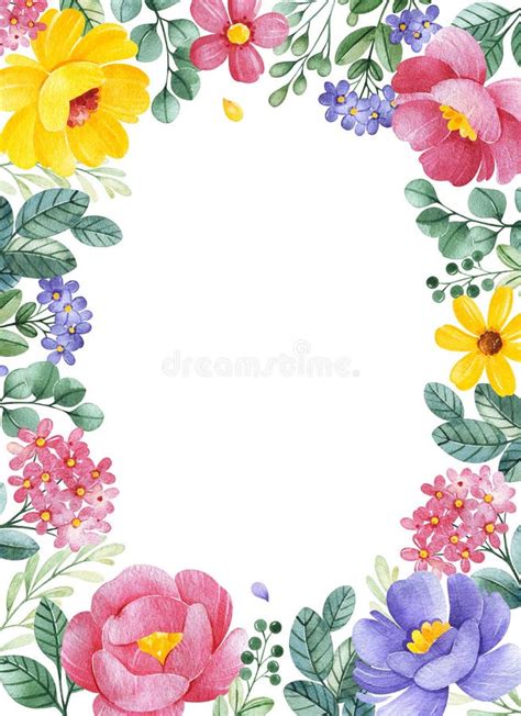 Lovely Watercolor Frame Border With Flowersleaves And Branches Stock