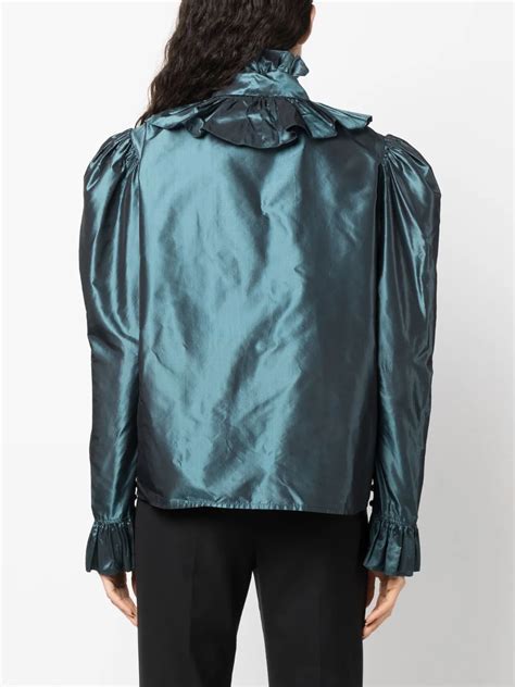 Pre Owned Saint Laurent S Puff Sleeve Pussy Bow Blouse In Blue Modesens