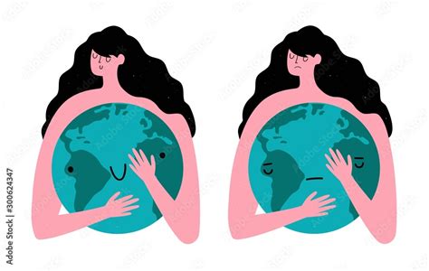 Vector Illustration With Woman Hugging Earth Planet Globe With Happy