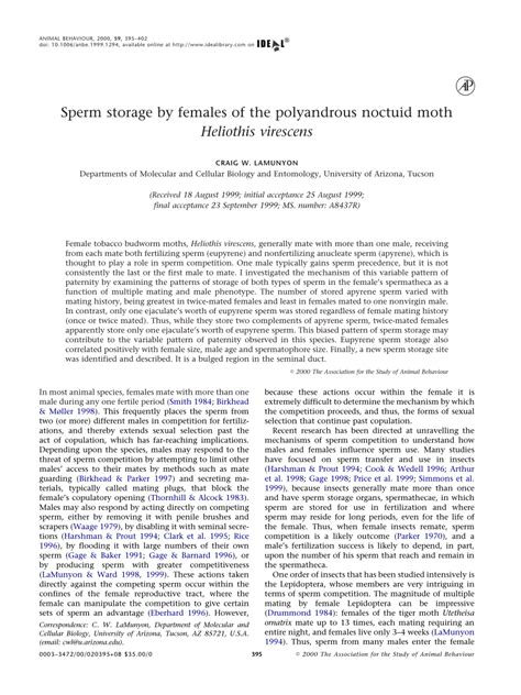 PDF Sperm Storage By Female Tobacco Budworm Moths Heliothis Virescens