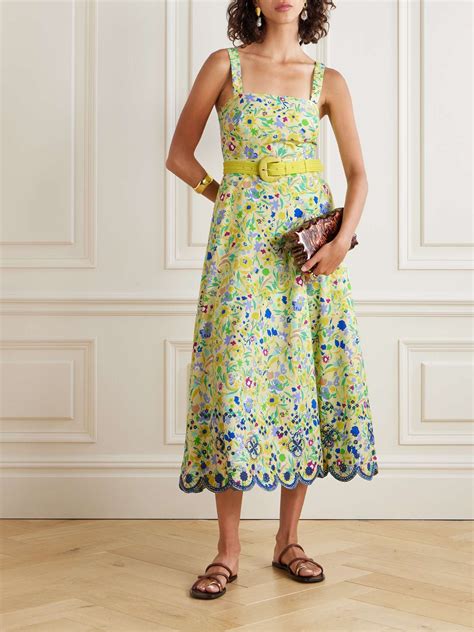 Saloni Aubrey B Belted Floral Print Broderie Anglaise Cotton Midi Dress