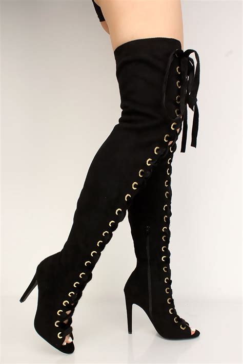 Black Peep Toe Lace Up Thigh High Heel Boots In 2020 Thigh High Boots