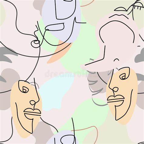 One Line Drawing Abstract Face Seamless Pattern Stock Illustration