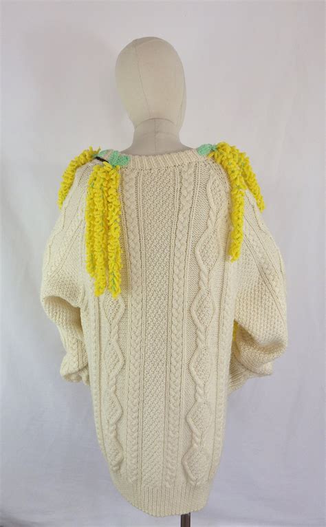 Vintage Lingering Laburnum Hand Knit Applique Statement Cardigan Cream Yellow Wool Plus Size