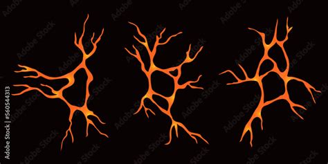 Vector set of illustrations of lava ground cracks top view, ruined ...