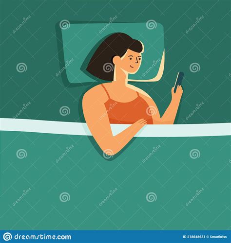 Woman Lying Alone In Bed Night Using Smartphone Stock Vector