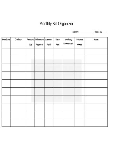 Monthly Bill Sheet Printable