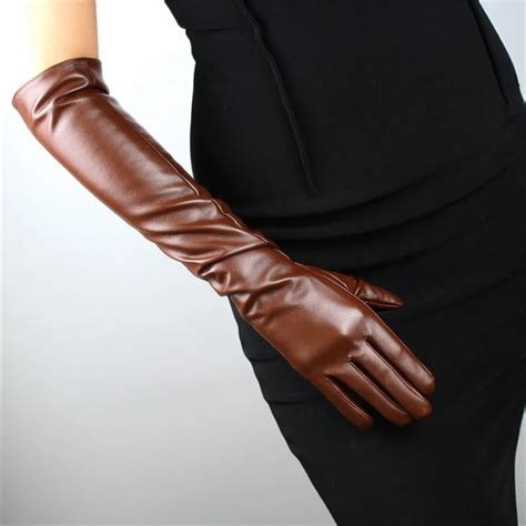 Women Pu Gloves Emulation Real Leather 50cm Long Fashion Brown Nylon Lined Classic Retro Pu