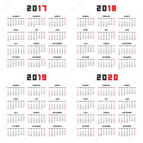 Calendar For 2017 2018 2019 2020 — Stock Vector © Volykievgenii
