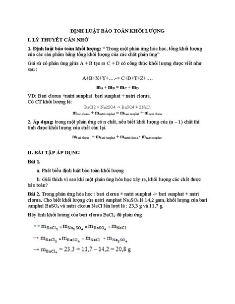 Lý Thuyết định Luật Bảp Toàn Khối Lượng ĐỊnh LuẬt BẢo ToÀn KhỐi LƯỢng