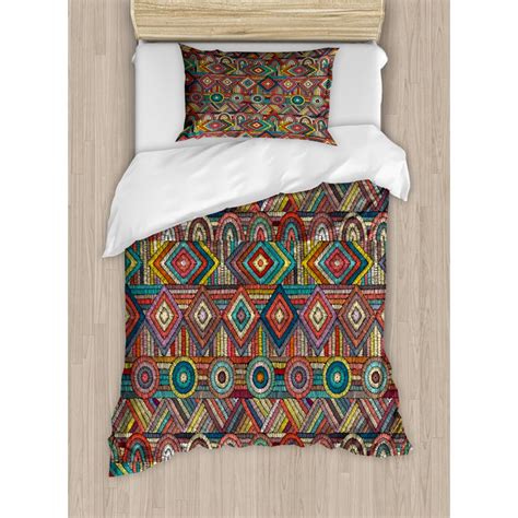 Aztec Twin Size Duvet Cover Set Vibrant Folk Embroidery Style Cultural Geometric Stitch Hand