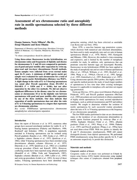 Pdf Assessment Of Sex Chromosome Ratio And Aneuploidy Rate In Motile Sperm Selected By Three