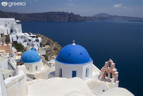 Oia Blue Dome Churches In Santorini Greece Greeka