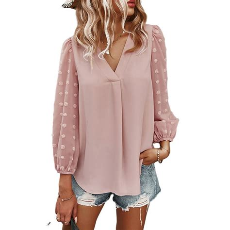 Qiylii Women Swiss Dot Chiffon Blouses Long Lantern Sleeve V Neck Dressy Business Casual Work