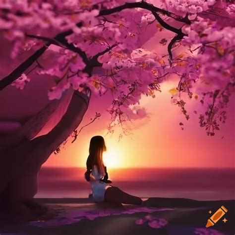 Asian Girl Sitting In Cherry Blossom Tree At Sunset On Craiyon