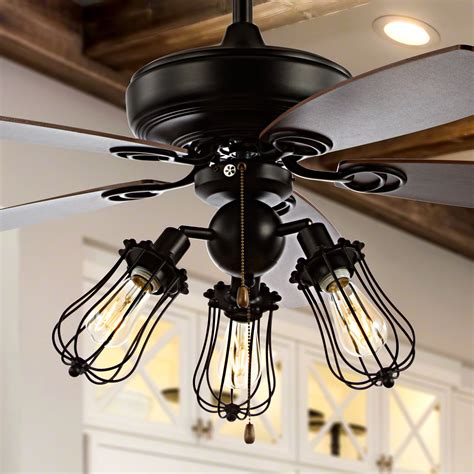 Lucas 52" Caged 3-Light Metal/Wood LED Ceiling Fan, Black by JONATHAN Y