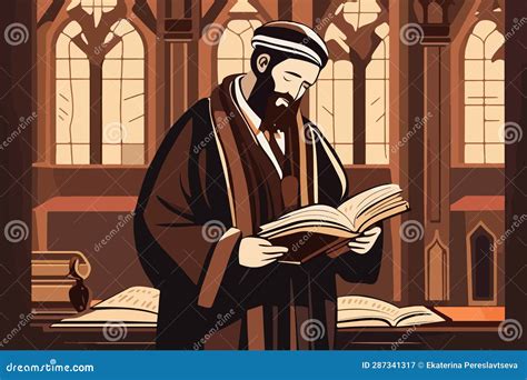 Pious Prays In Synagogue Reading Torah Vector Illustration Religion