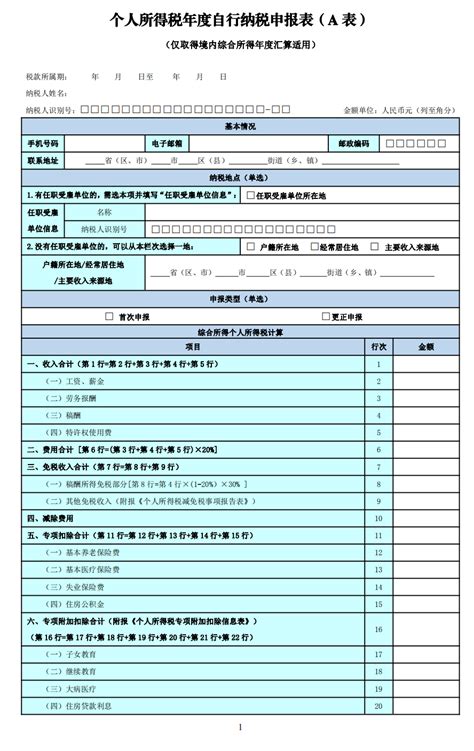 2020年度个人所得税年度自行纳税申报表模板 会计教练