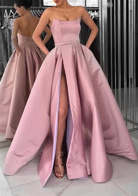 Strapless High Slit Pink Satin Formal Gown Prom Dress Pockets Princessly