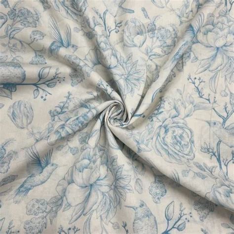 White With Blue Floral Print Muslin Fabric Plain Weave Mulmul Cloth