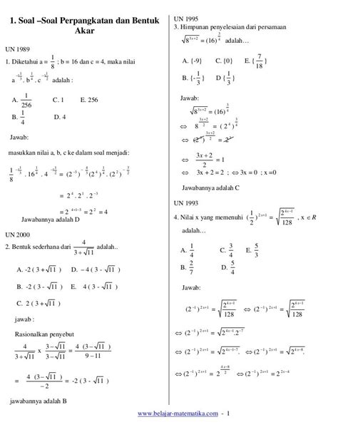Latihan Soal Perpangkatan Dan Bentuk Akar