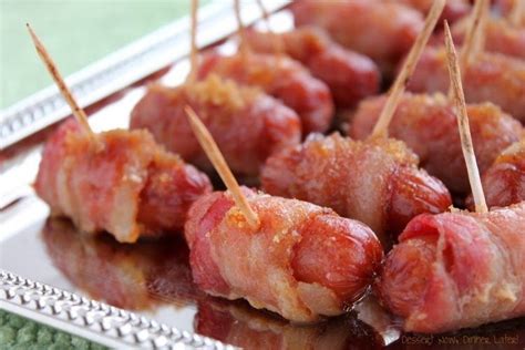 Bacon Wrapped Mini Sausages With Brown Sugar Dessert Now Dinner Later Bacon Wrapped