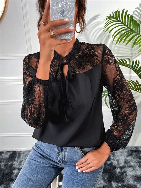 Contrast Lace Lantern Sleeve Frill Trim Tie Neck Blouse Elegant