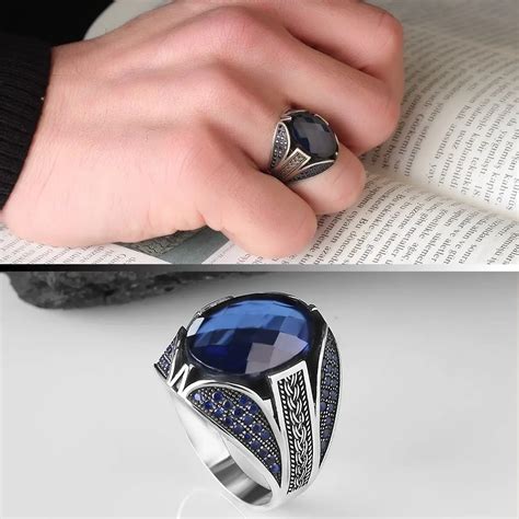 Blue Zircon Stone 925 Sterling Mens Silver Ring Vintage Real Natural Stone Turkish Style T