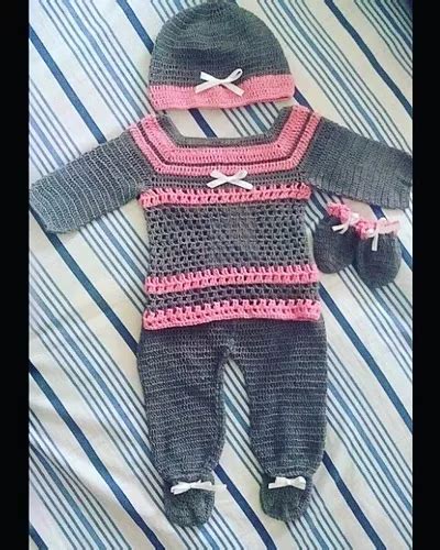 Conjunto Tejido Gris Rosado Crochet Para Bebé De 1 A 3 Meses MercadoLibre